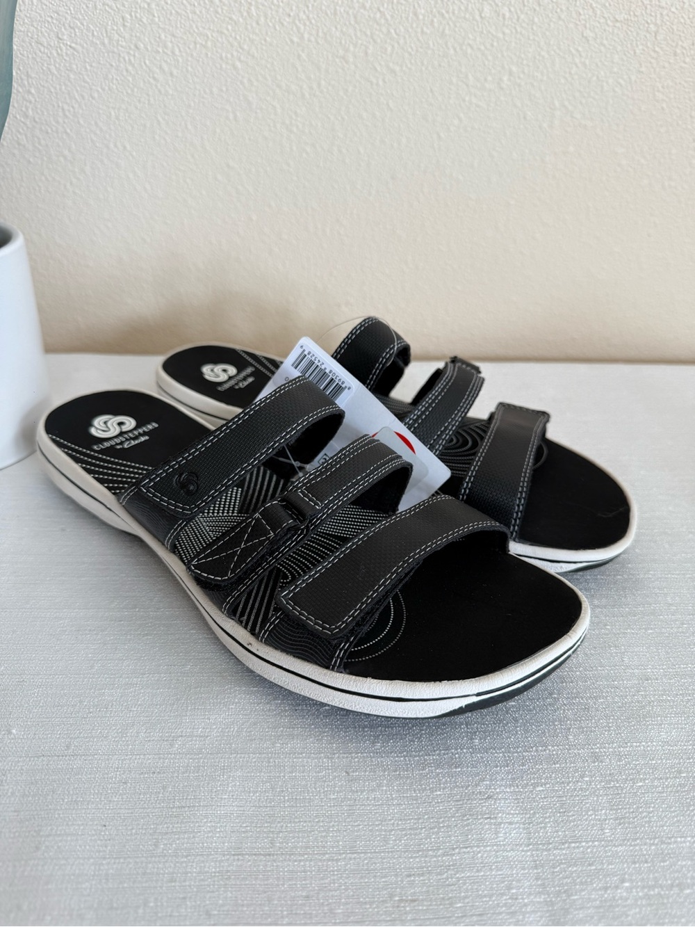 New Cloudsteppers by Clarks Black & White Slide Sandals with Triple-Strap Design